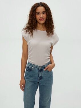 Michael Stars Joni Ribbed Ruched Side Power Shoulder Tee in Cement Size Medium
